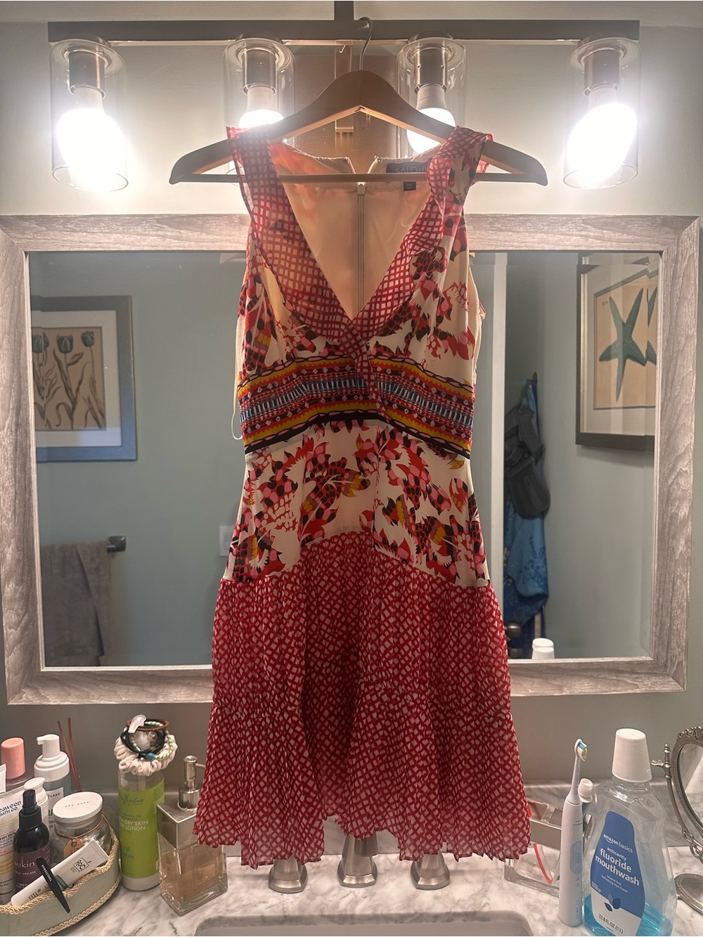 SALONI Red Floral Silk V‑Neck Dress with Multicolor Waistband